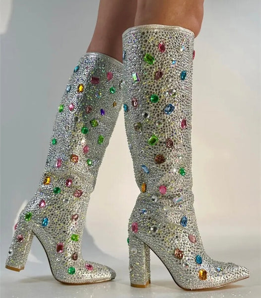 Women Fashion Silver Colorful Gem Ankle/Knee High Boots