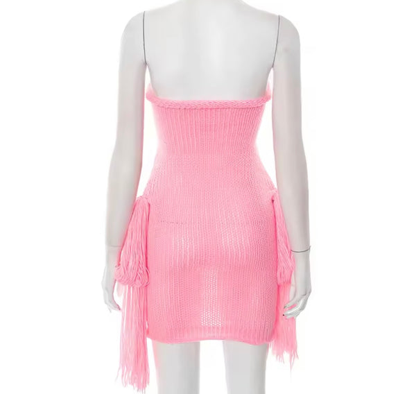 Women Pink Strapless Sexy Knitted Fringe Tassel Dress