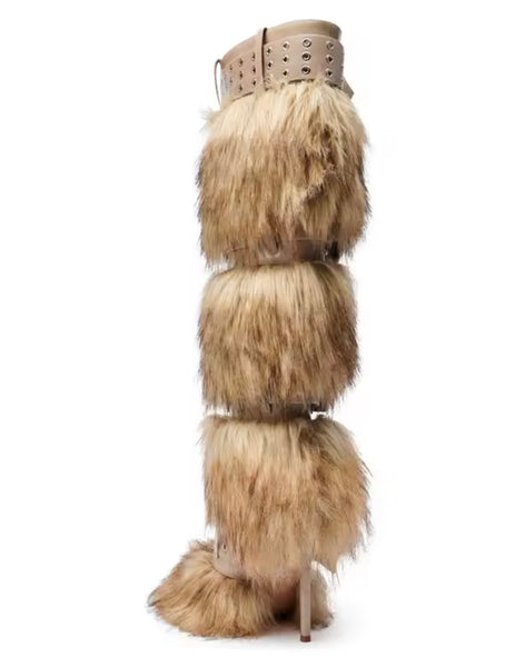 Women Buckled Fashion Faux Fur High Heel Boots