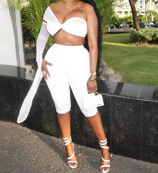 Women White One Shoulder Sexy Two Piece Capri Pant Set