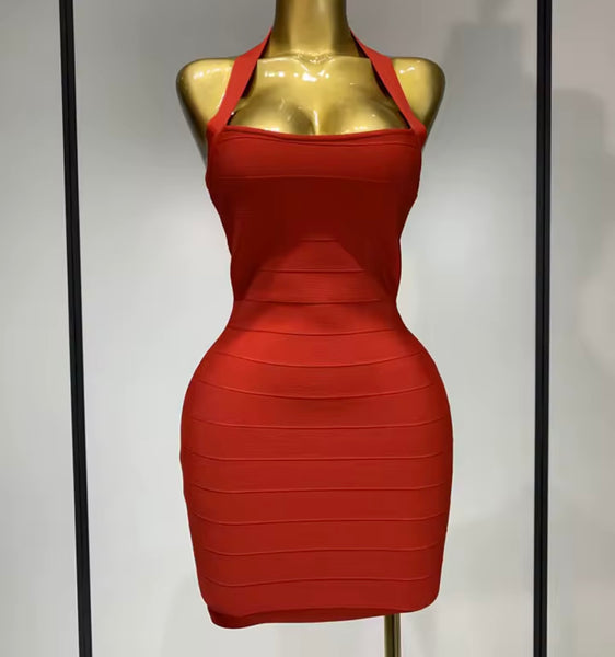Women Red Sexy Halter Sleeveless Bandage Dress