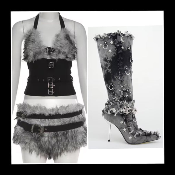 Women Fashion Rivet Fringe Buckle Denim Knee High Boots