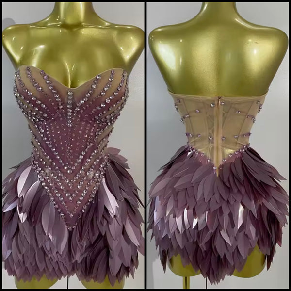 Women Purple Sexy Strapless Sequins Rhinestone Mesh Dress