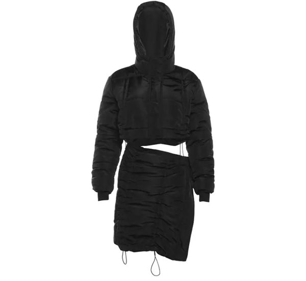 Women Black Hooded Drawstring Two Piece Jacket Skirt Set