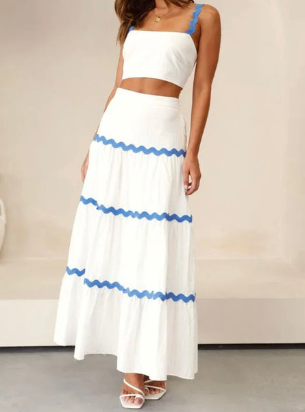 Women Sexy Sleeveless Striped Ruffled Two Piece Maxi Skirt Set