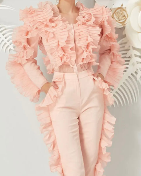 Women Ruffled Full Sleeve Fashion Two Piece Pant Set