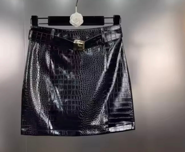 Women Black Full Sleeve Fashion Two Piece PU Skirt Set