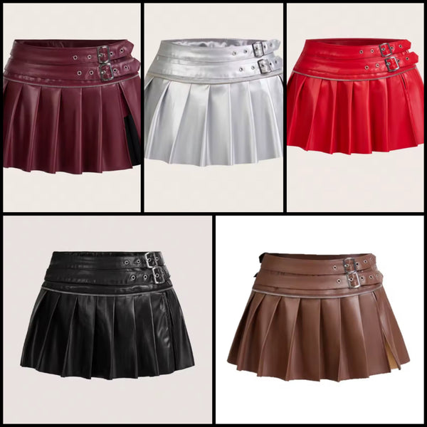 Women Sexy Fashion Buckled Pleated Faux Leather Skirt
