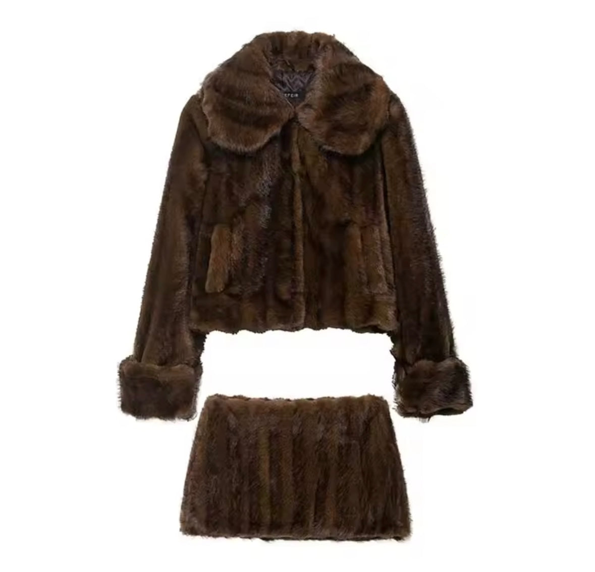 Women Sexy Fashion Brown Faux Fur Jacket Two Piece Skirt Set