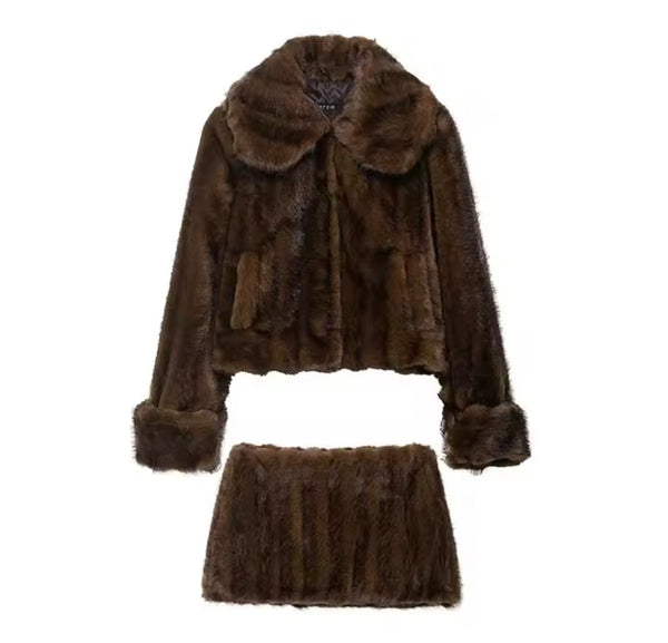 Women Sexy Fashion Brown Faux Fur Jacket Two Piece Skirt Set