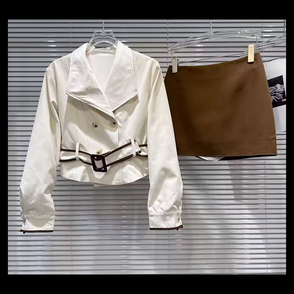 Women Fashion Button Belted Blazer Two Piece Skirt Set