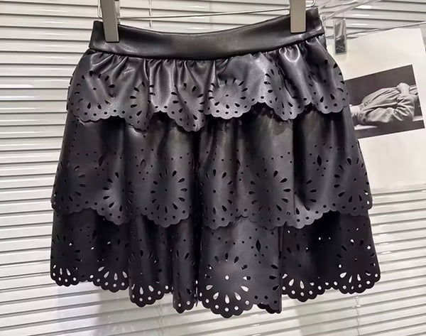 Women Fashion Ruffled Faux Leather Jacket Two Piece Skirt Set