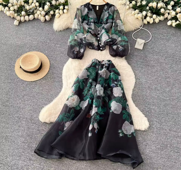 Women Button Up Floral Full Sleeve Chiffon Two Piece Skirt Set