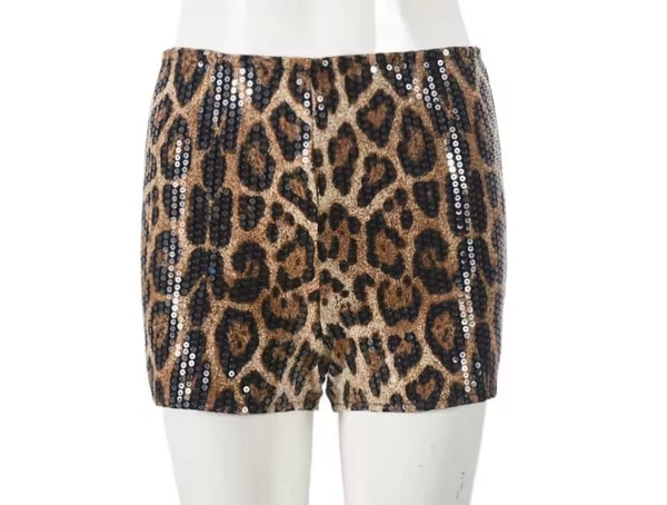 Women Fashion Faux Leather Jacket Two Piece Leopard Short Set