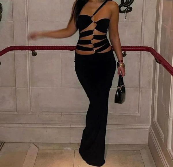 Women Black Sexy One Shoulder Sleeveless Cut Out Maxi Dress