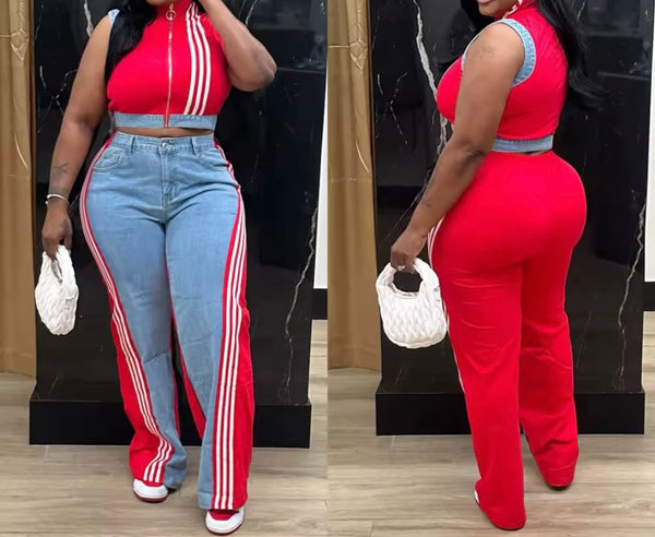Women Zip Up Sleeveless Striped Color Denim Patchwork Two Piece Pant Set