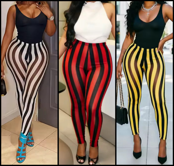 Women Sexy Striped See Through Mesh Pants