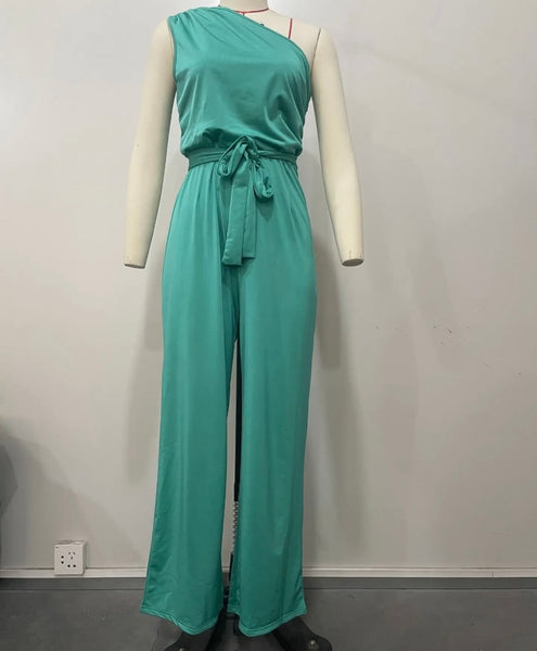 Women Green Sexy One Shoulder Sleeveless Jumpsuit