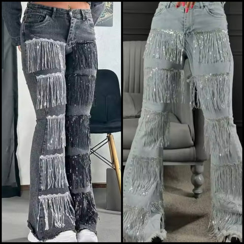 Women Fashion Denim Bling Tassel Pants