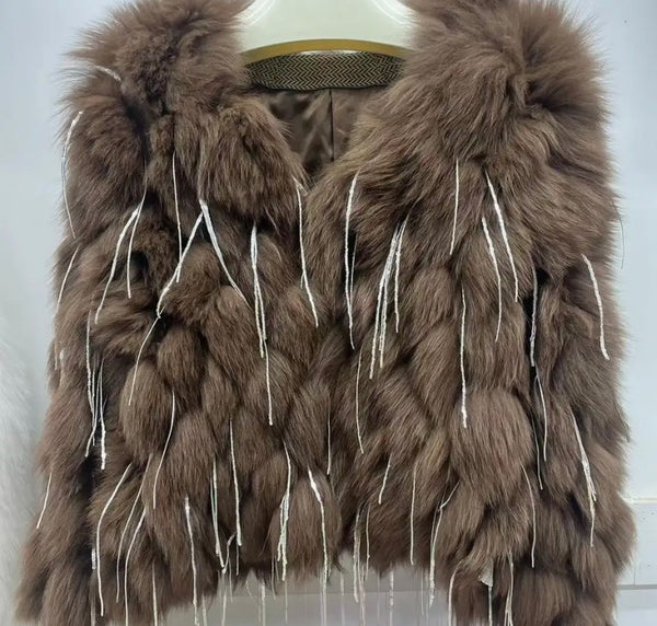 Women Fashion Faux Fur Bling Tassel Jacket