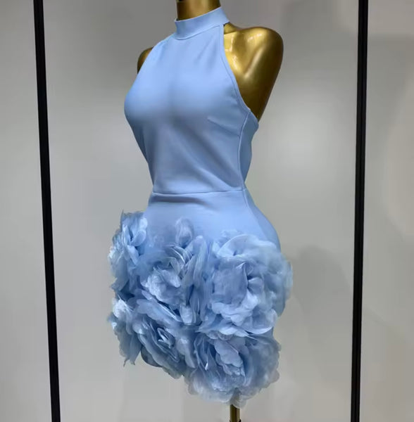 Women Sexy Blue Halter Sleeveless Floral Dress