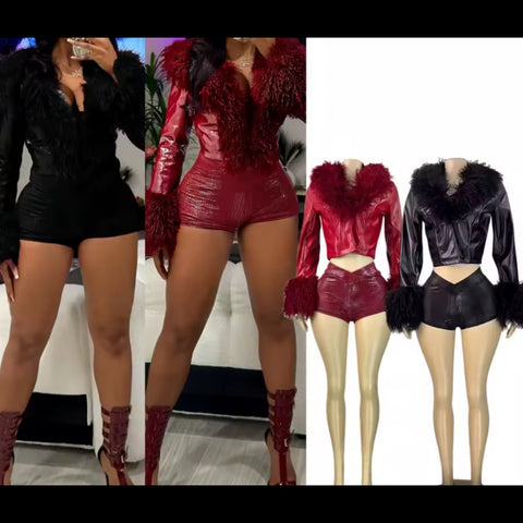 Women Fashion Fur Patchwork PU Jacket Two Piece Short Set