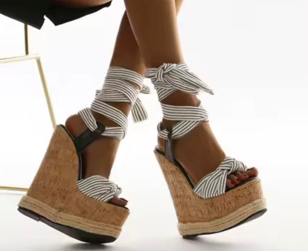 Women Fashion B&W Striped Wedge Lace Up Sandals