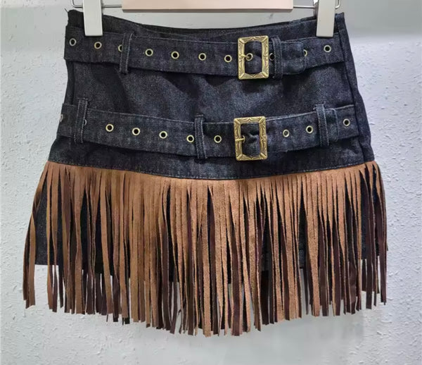 Women Fashion Buckled Fringe Tassel Denim Skirt