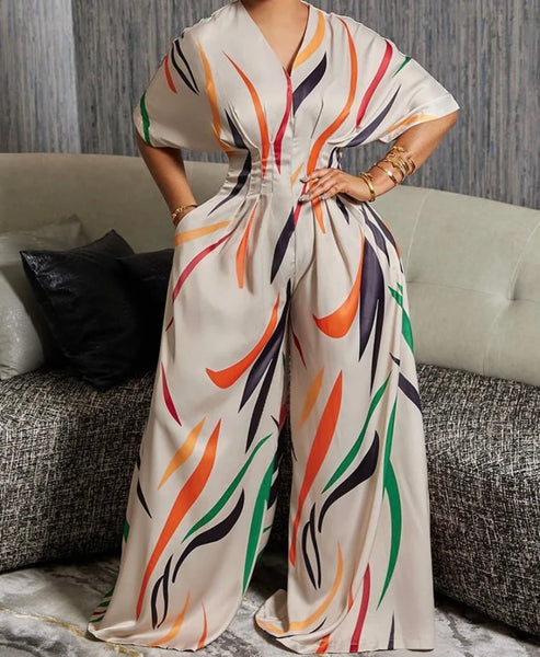 Women Sexy Printed Short Sleeve Wide Leg Jumpsuit
