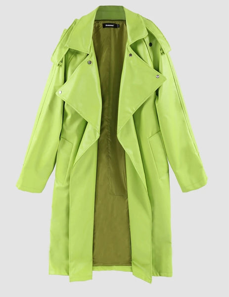 Women Fashion Faux Leather Green Belted Trench Jacket