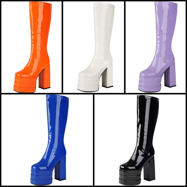 Women Color Platform Patent Leather Fashion High Heel Boots
