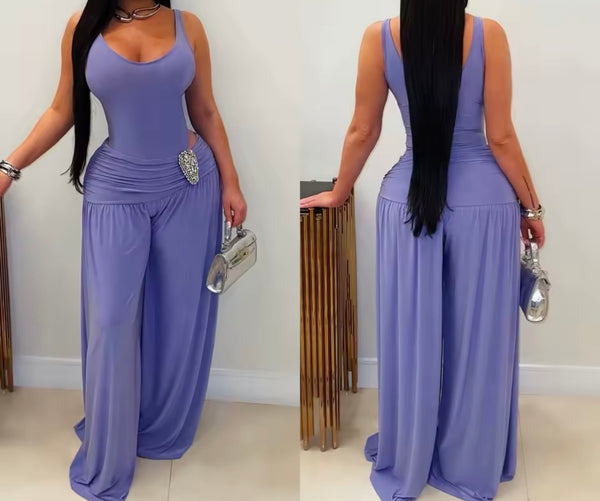 Women Sleeveless Metal Ruched Wide Leg Jumpsuit