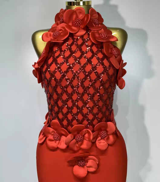 Women Sexy Sleeveless Sequins Beaded 3D Floral Maxi Dress