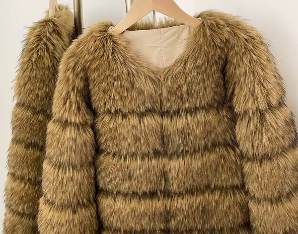 Women Fashion Brown Faux Fur Warm Jacket