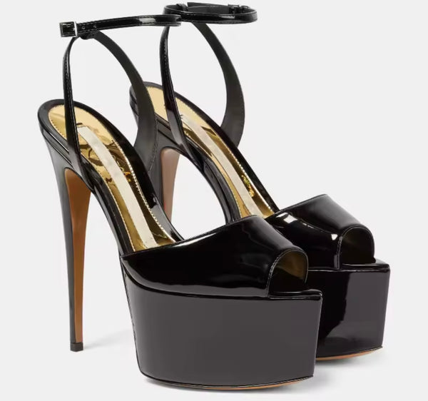 Women Fashion Patent Leather Open Toe Platform Ankle Strap High Heels