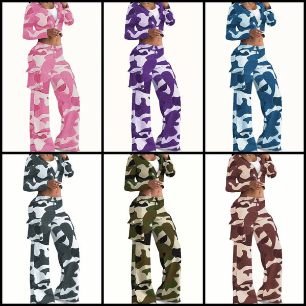 Women Color Camouflage Fashion Tracksuit Two Piece Pant Set