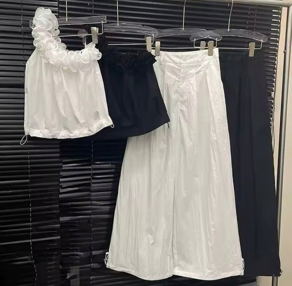 Women Ruffled One Shoulder Two Piece Wide Leg Pant Set