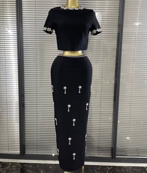 Women Rhinestone Short Sleeve Crop Two Piece Maxi Skirt Set