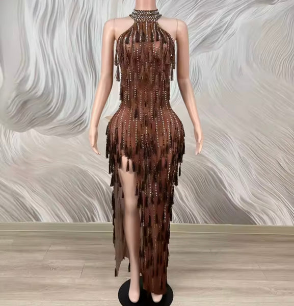Women Sexy Brown Rhinestone Tassel Mesh Maxi Dress