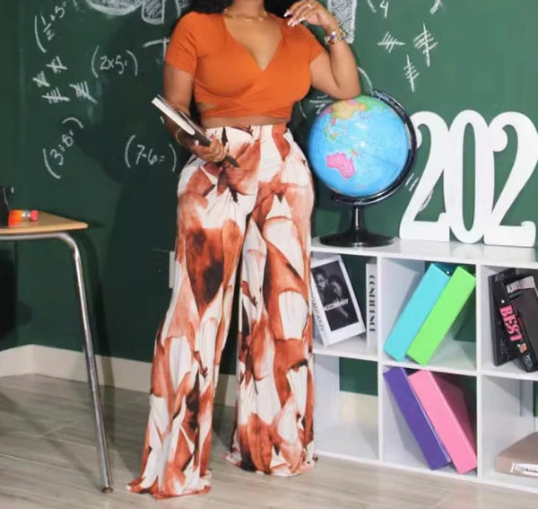 Women Short Sleeve Crop Two Piece Printed Fashion Pant Set
