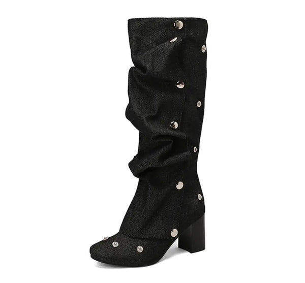 Women Fashion Suede/Denim Button Knee High Boots