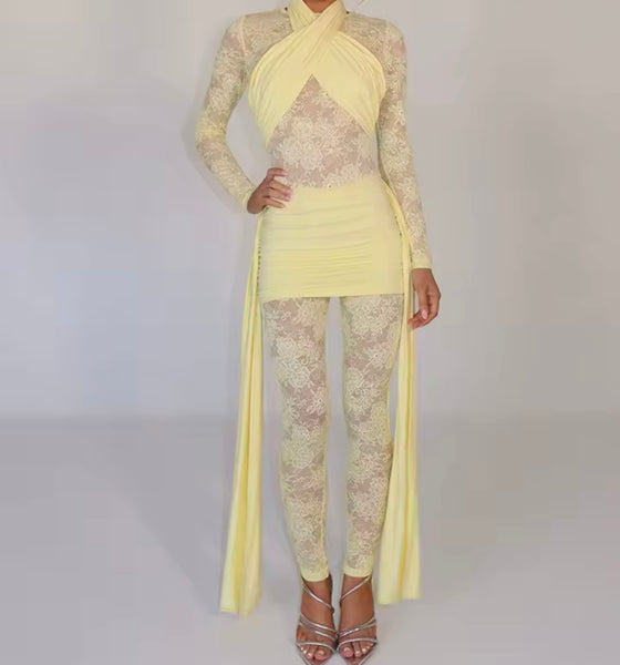 Women Sexy Full Sleeve Color Lace Ribbon Jumpsuit