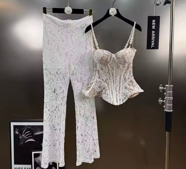 Women Sleeveless Lace Fashion Two Piece Pant Set