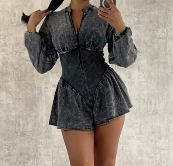 Women Fashion Zip Up Full Sleeve Denim Romper