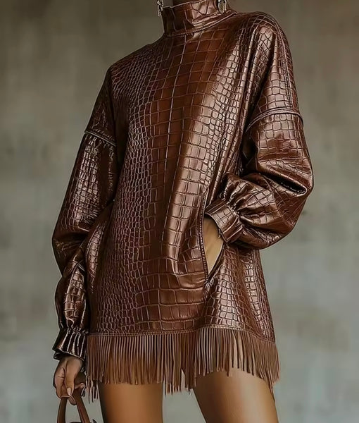 Women Sexy Fashion Turtleneck Faux Leather Fringe Tassel Dress