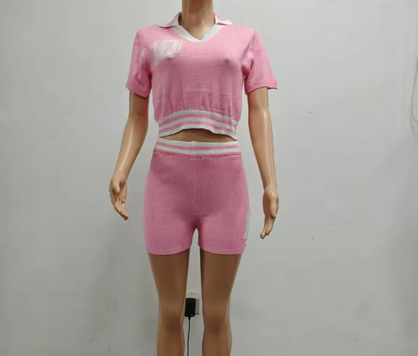 Women Fashion Number Short Sleeve Color Patchwork Two Piece Short Set