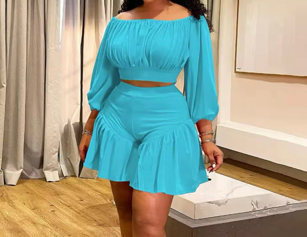Women Solid Color Off The Shoulder Two Piece Short Set