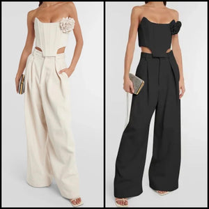 Women Sexy Strapless Floral Corset Two Piece Pant Set