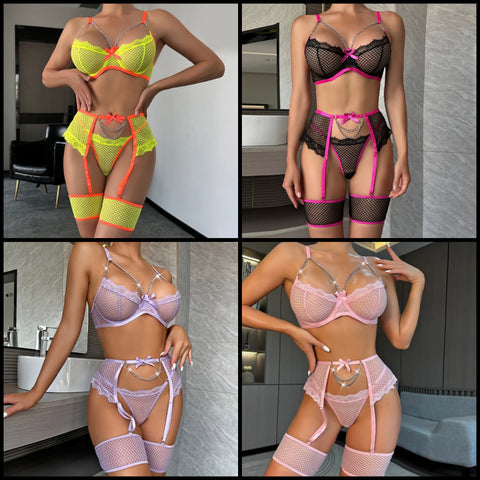 Women Sexy Chain Color Patchwork Lace Mesh Lingerie Set