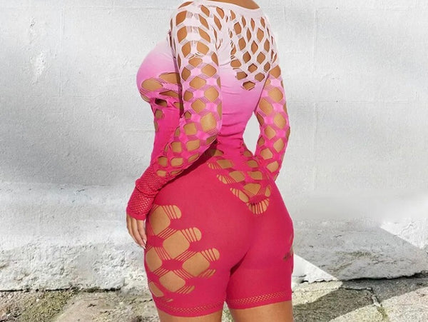 Women Sexy Full Sleeve Pink Gradient Hollow Out Romper